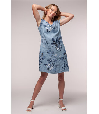 Linen Luv Cap Sleeve Floral Linen Dress - Denim Blue