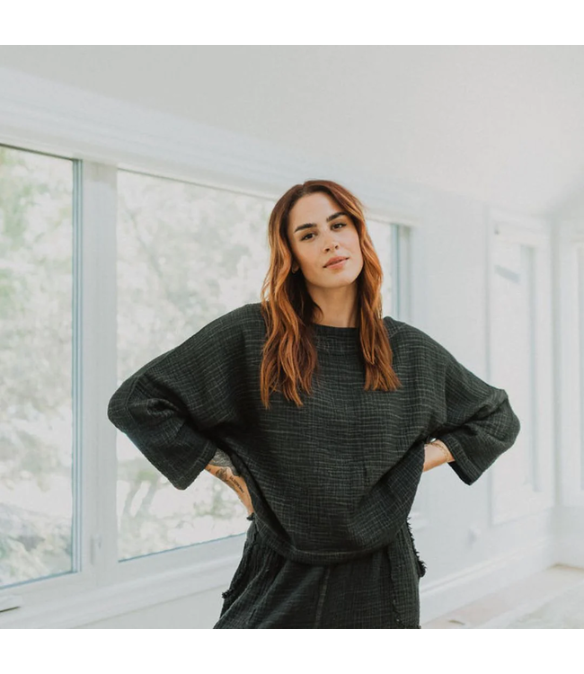 Pokoloko Crinkle Boat Top  Long Sleeve- OS - Black