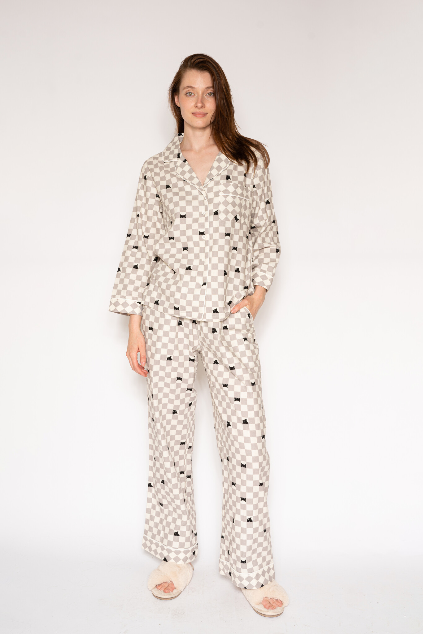 Winter Pajama Set Checkered Cat Set Me Free