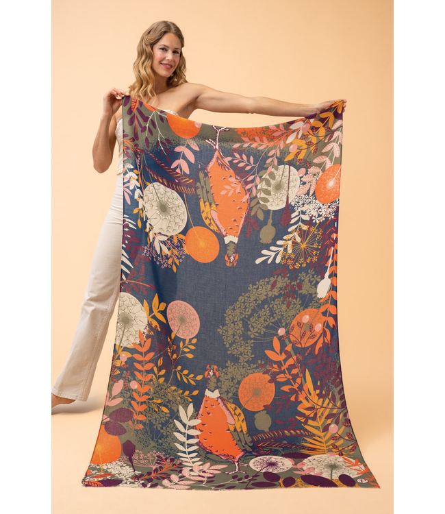 Powder Pheasant Amongst Foliage Print Scarf - Navy