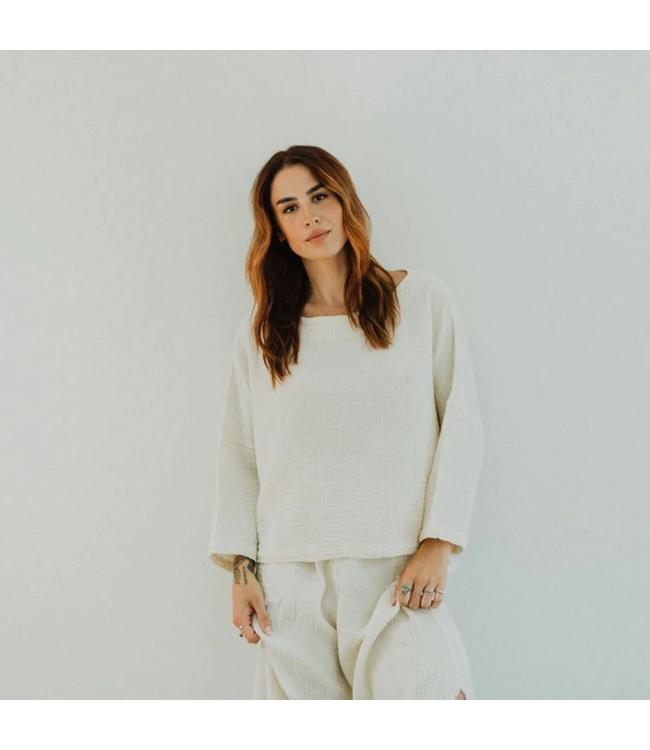 Pokoloko Crinkle Boat Top  Long Sleeve- OS - Cream