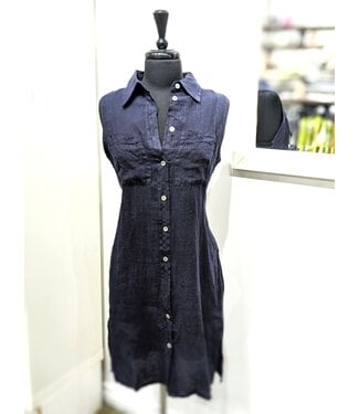 Pistache Sleeveless Button Down Linen Dress - Navy