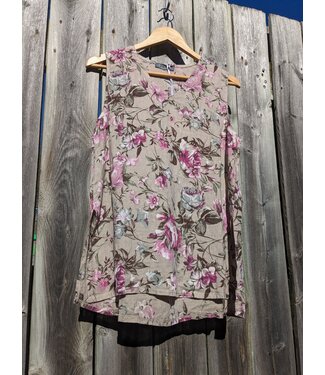 Linen Tank Top w/ Side Slits - Fuchsia Floral