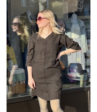 Raw Edge Kaftan Linen Dress - Black