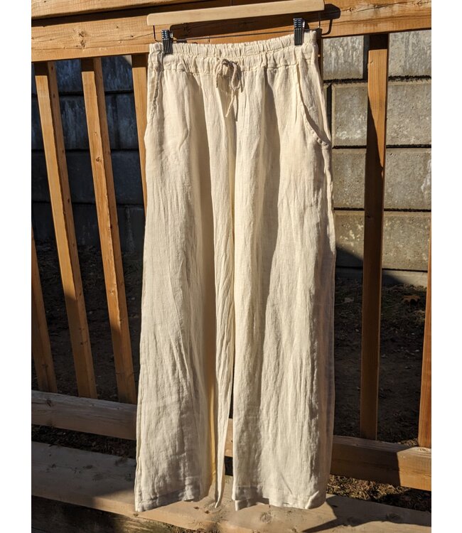 Wide Leg Linen Pants With Drawstring - Cream