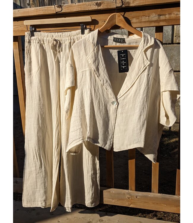 Wide Leg Linen Pants With Drawstring - Cream