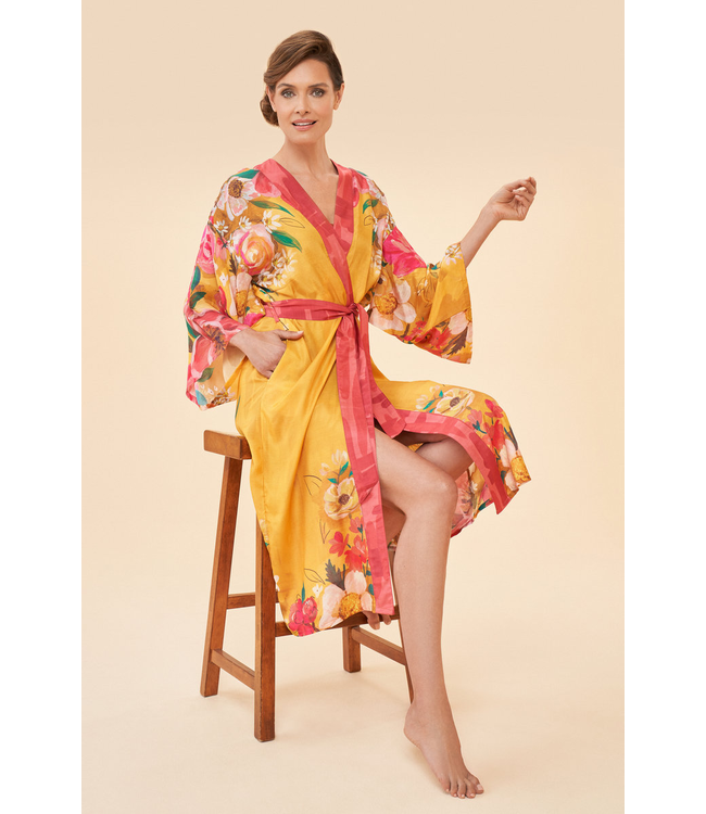 Powder Kimono Gown O/S  Distress Floral - Mustard