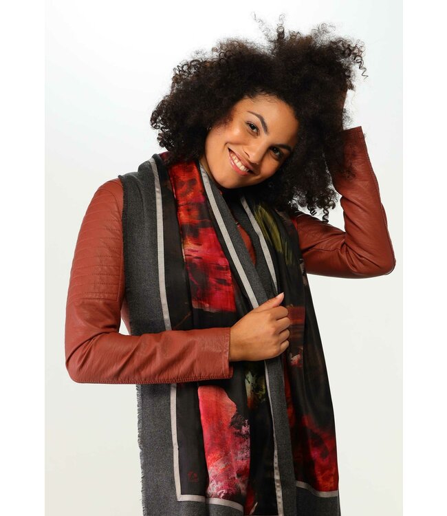 Fraas Painted Rose Patchwork Scarf - Charcoal*