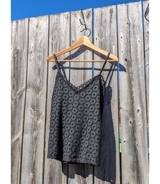 M Made in Italy Linen Eyelet Tank Top - Black