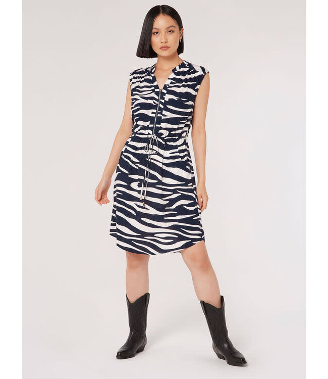 Apricot Zebra Striped Sleeveless Zip-Up Dress w/Pockets