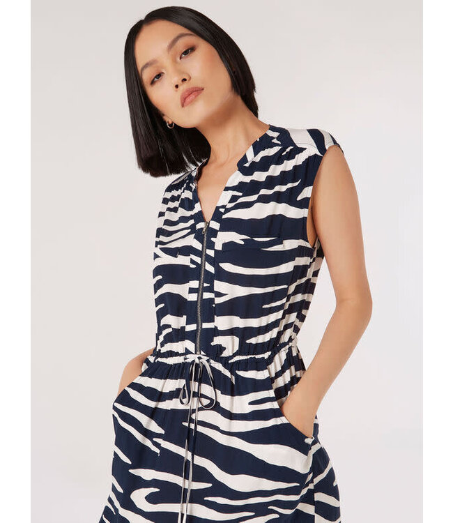 Apricot Zebra Striped Sleeveless Zip-Up Dress w/Pockets