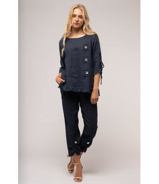 Linen Luv A-Line Button Linen Top - Navy