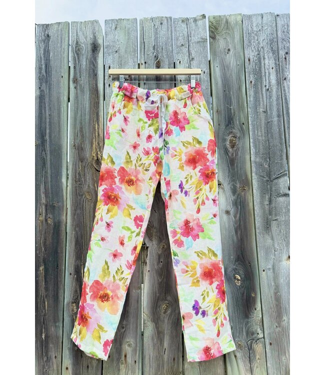 Floral Print Linen Pants - Fushia