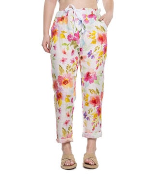 Floral Print Linen Pants - Fushia