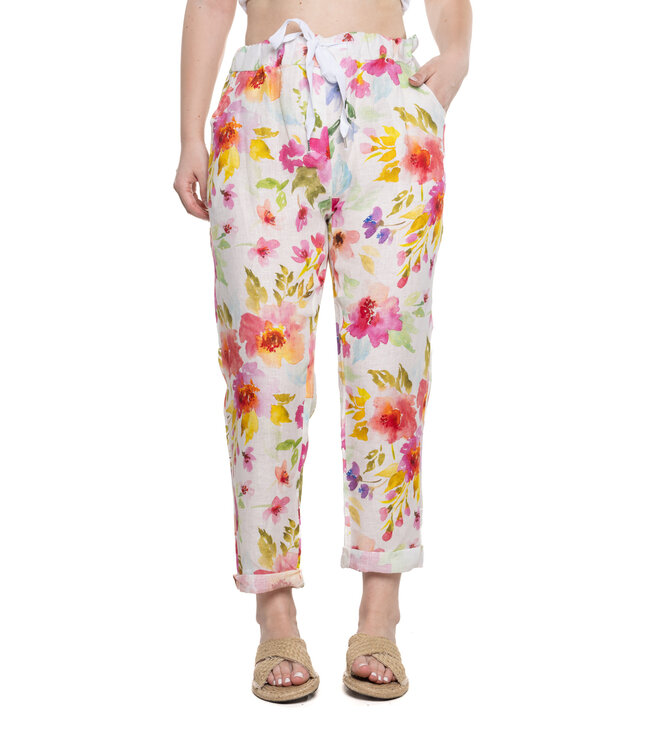 Floral Print Linen Pants - Fushia