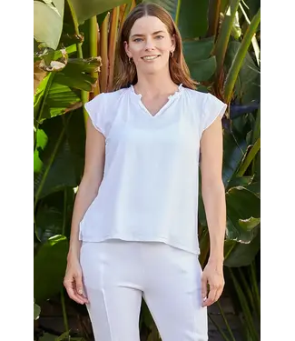 Mododoc Cap Sleeve Ruffle Neck T-Shirt - White