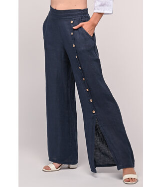 Linen Luv Linen Pants with Front Slit & Button Detail - Navy