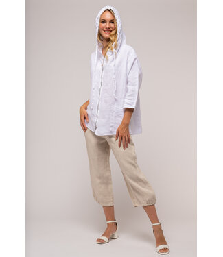 Zip 3/4 Sleeve Linen Hoodie - White