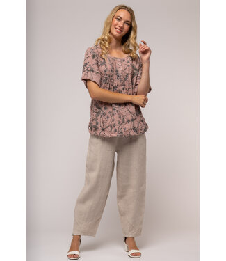 Linen Luv Floral Roll-Tab Linen Blouse - Rosa Antico