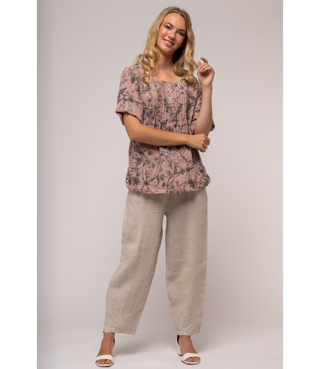 Floral Roll-Tab Linen Blouse - Rosa Antico