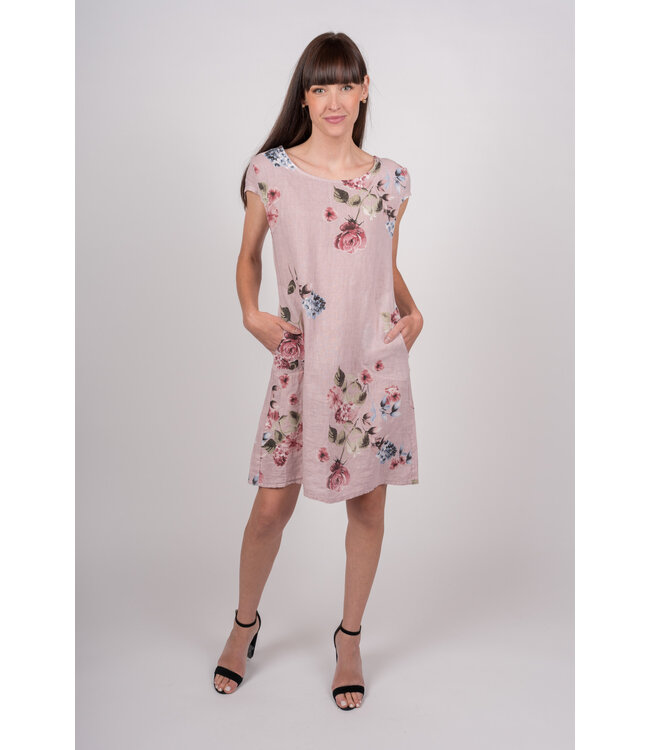 Linen Floral Shift Dress w/ Pockets - Rose