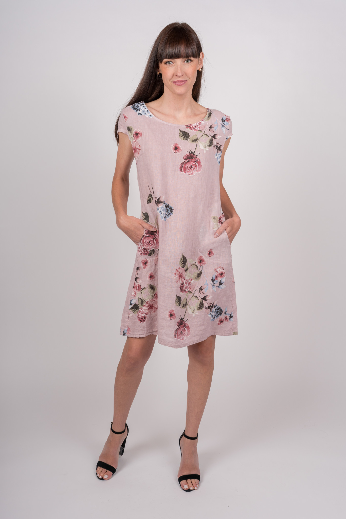 Linen Floral Shift Dress w Pockets Rose Set Me Free