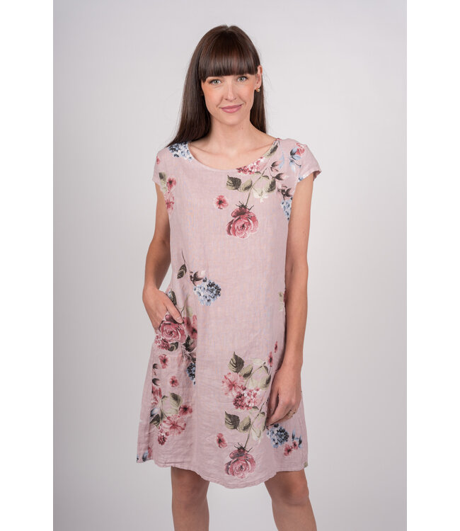 Linen Floral Shift Dress w/ Pockets - Rose