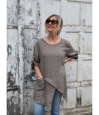 Me & Gee A-Symmetrical Linen Striped Tunic - Mocha