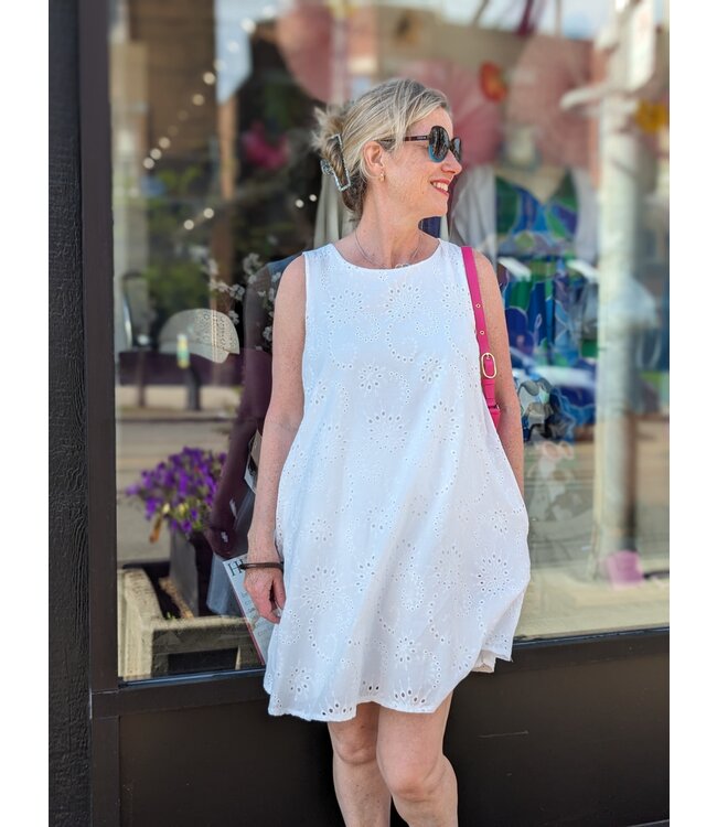 Angela Mara Eyelet Sleeveless A-line Dress - White