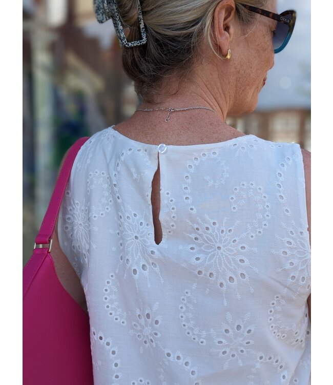 Angela Mara Eyelet Sleeveless A-line Dress - White
