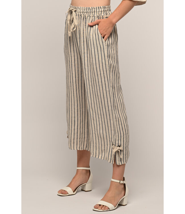 Striped Wide Linen Capris - Sabbia