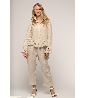 Linen Luv Button Down Linen Top w/ Lace - Sabbia