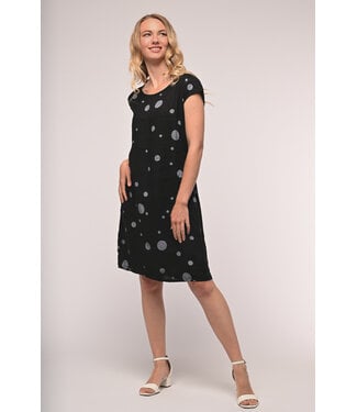 Dot Cap Sleeve Linen Dress w/Elastic Waist - Black