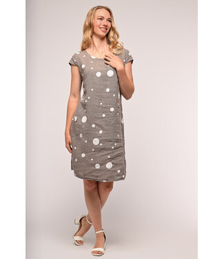 Dot Cap Sleeve Linen Dress w/Elastic Waist - Fango