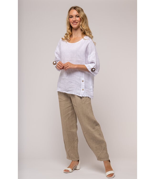 Linen 3/4 Sleeve with Button Details - White
