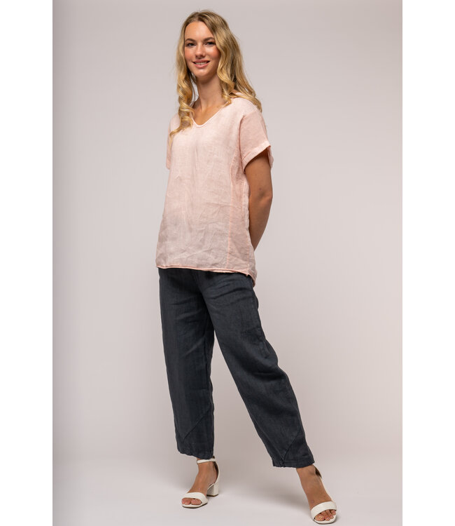 Linen T-Shirt w/ Woven Panel - Pink