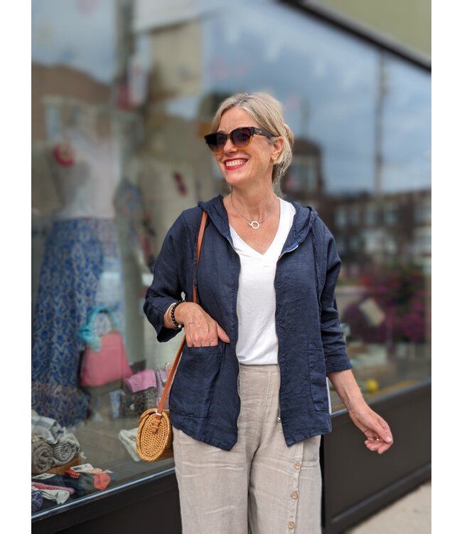 Zip 3/4 Sleeve Linen Hoodie - Navy