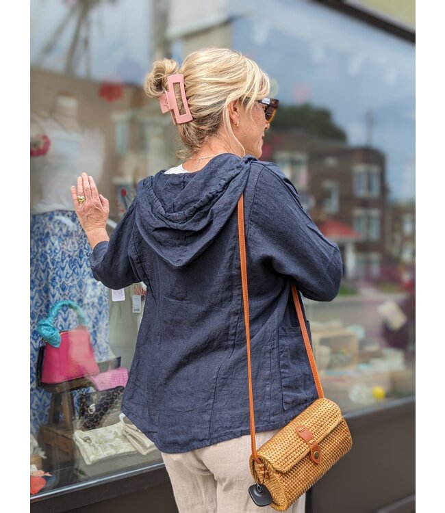 Zip 3/4 Sleeve Linen Hoodie - Navy