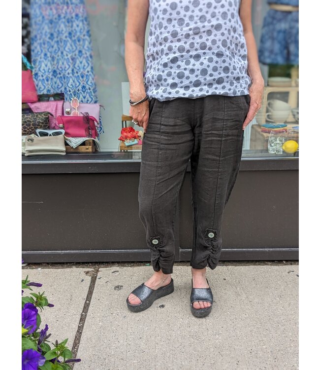 Ankle Length Linen Pants w/Button - Black