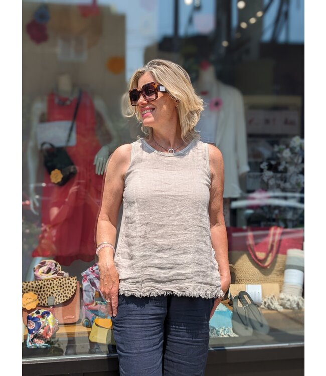 Linen Tank Top w/ Eyelash fringe - Beige