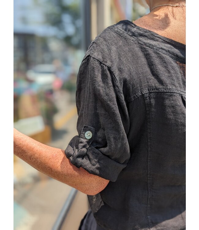 Linen Roll Tab Sleeve Jacket - Black