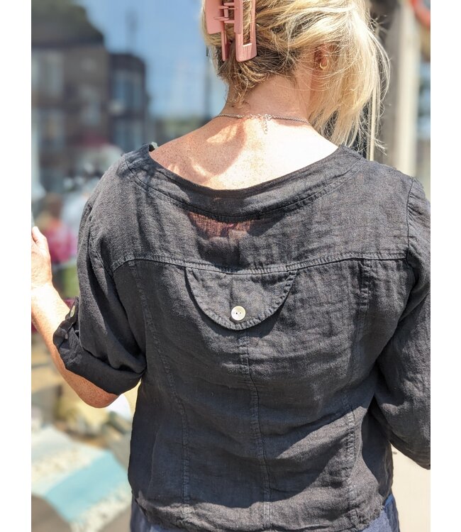 Linen Roll Tab Sleeve Jacket - Black