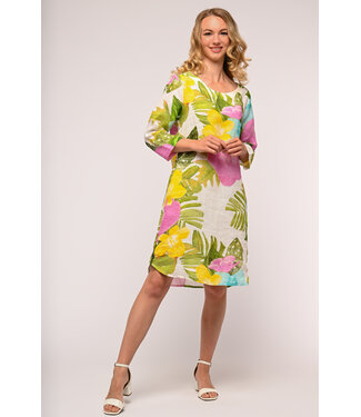 1/2 Sleeve Floral Linen Dress - Orchidea