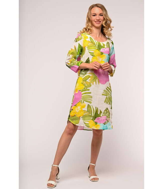 1/2 Sleeve Floral Linen Dress - Orchidea