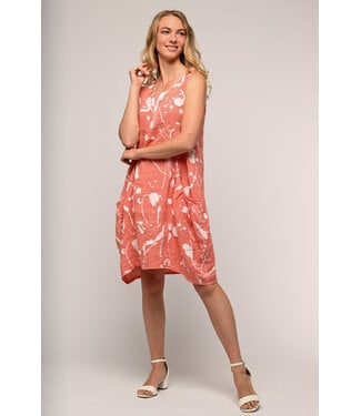 Sleeveless Linen Floral Dress - Salmon