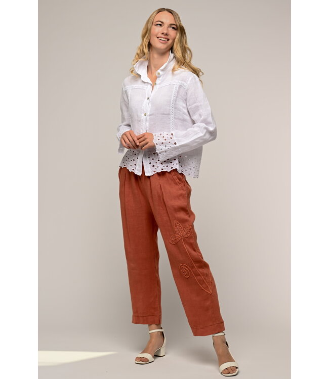 Button Down Linen Top w/ Lace - Bianco