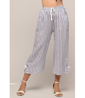 Striped Wide Linen Capris - Bianco