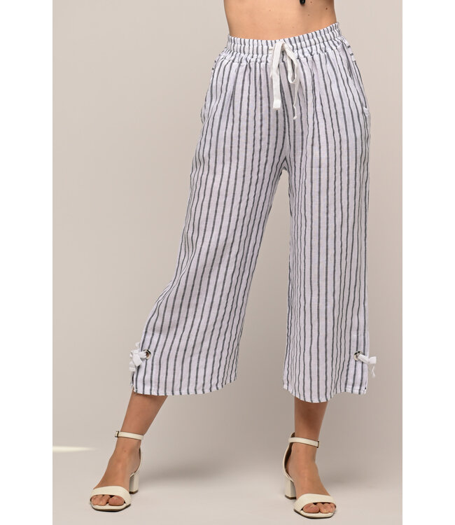 Striped Wide Linen Capris - Bianco