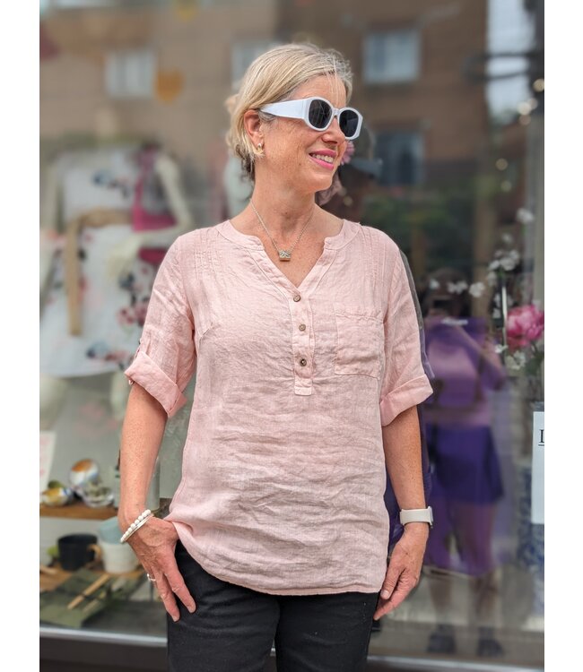 Button-Front Linen Long Sleeve - Carne