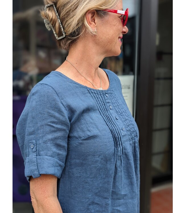 Floral Roll-Tab Linen Blouse - Jeans